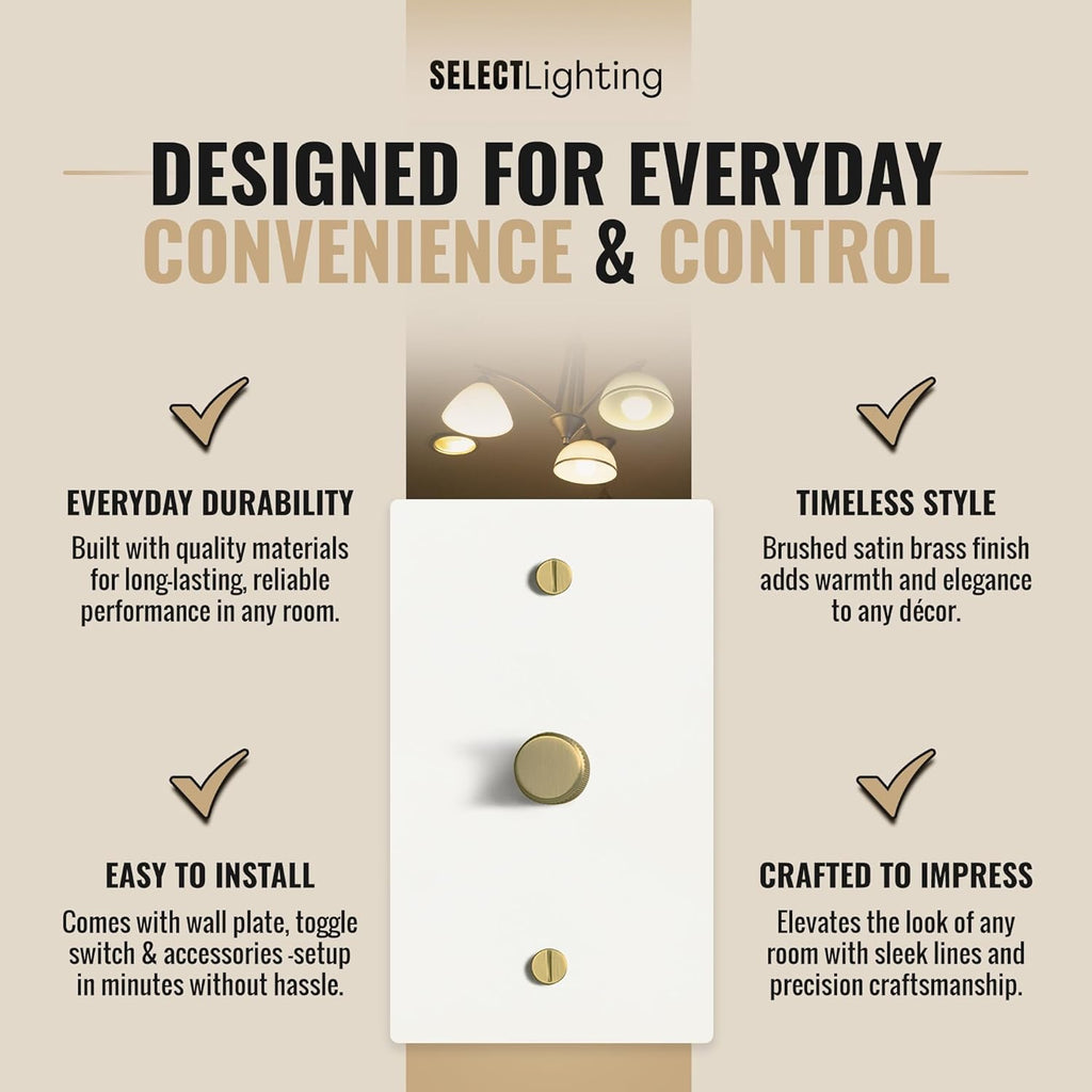 SELECT White Brass Dimmer Light Switch, 1 Way Rotary Dimmer, 1 Gang TRIAC/Leading Edge Dimmable LED Light Switch, 15A 120V AC with Brass Knob, Faceplate & Dimming Module, UL Listed
