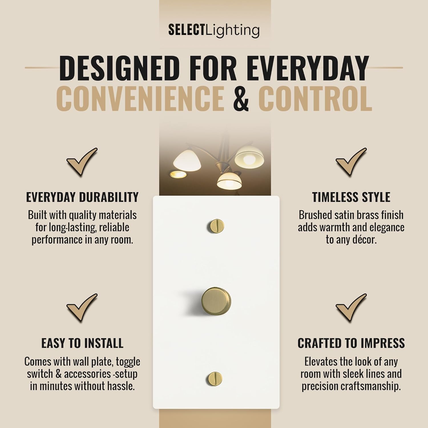 SELECT White Brass Dimmer Light Switch, 1 Way Rotary Dimmer, 1 Gang TRIAC/Leading Edge Dimmable LED Light Switch, 15A 120V AC with Brass Knob, Faceplate & Dimming Module, UL Listed