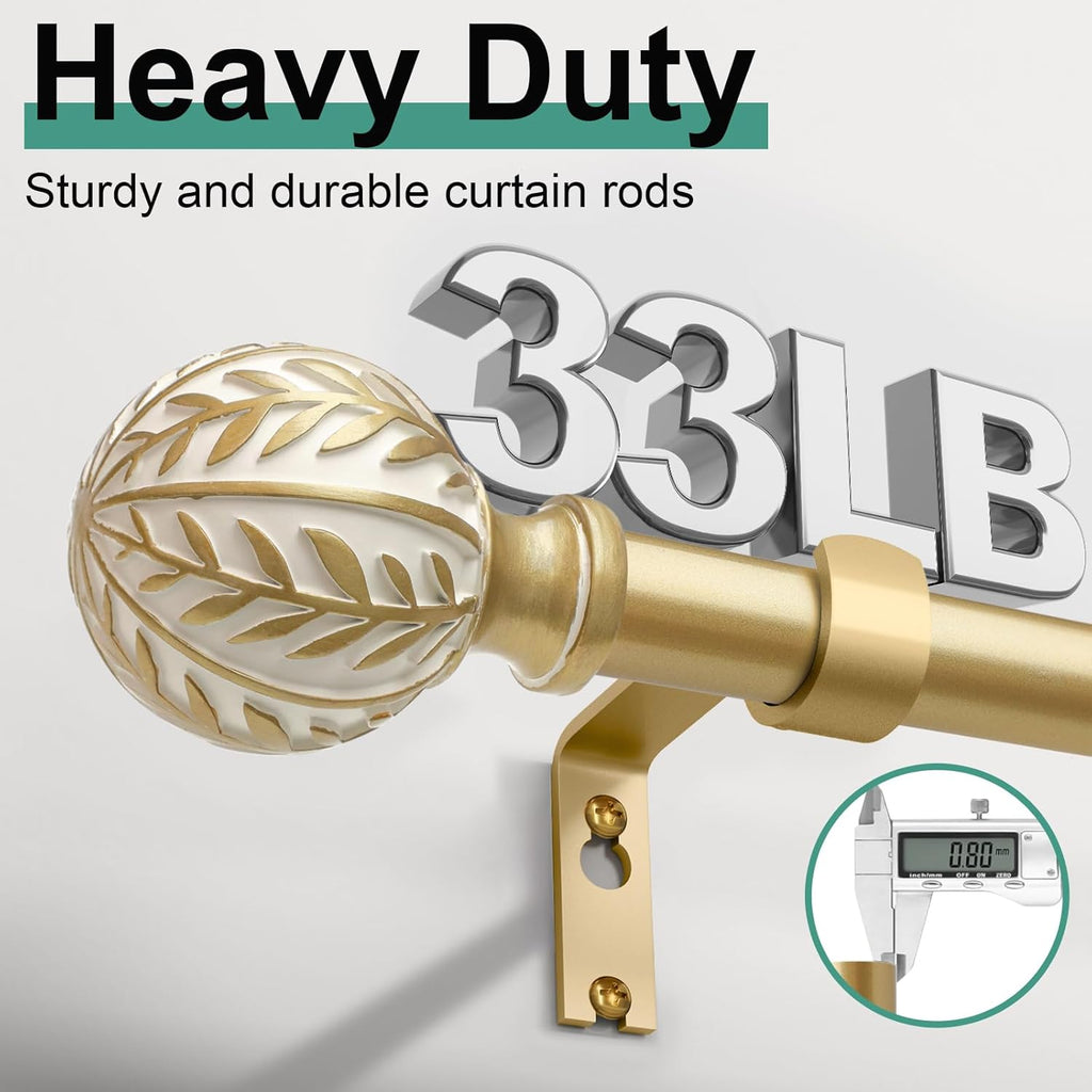 Gold Curtain Rods for Windows 28 to 48 inch,1" Adjustable Heavy Duty Window Curtain Rod with Leaf Finials,Rustic Decorative Drapery Rods Set,Size:18-60''