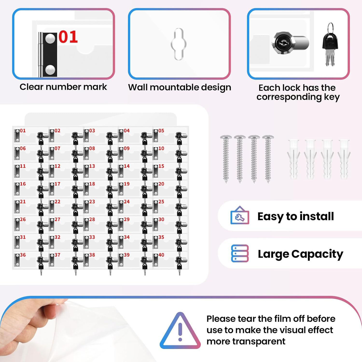 40 Slots Cell Phone Locker Box for Classroom with Door Locks and Keys Clear Acrylic Cell Phone Lock Storage Cabinet Wall Mounted for School Factory Office