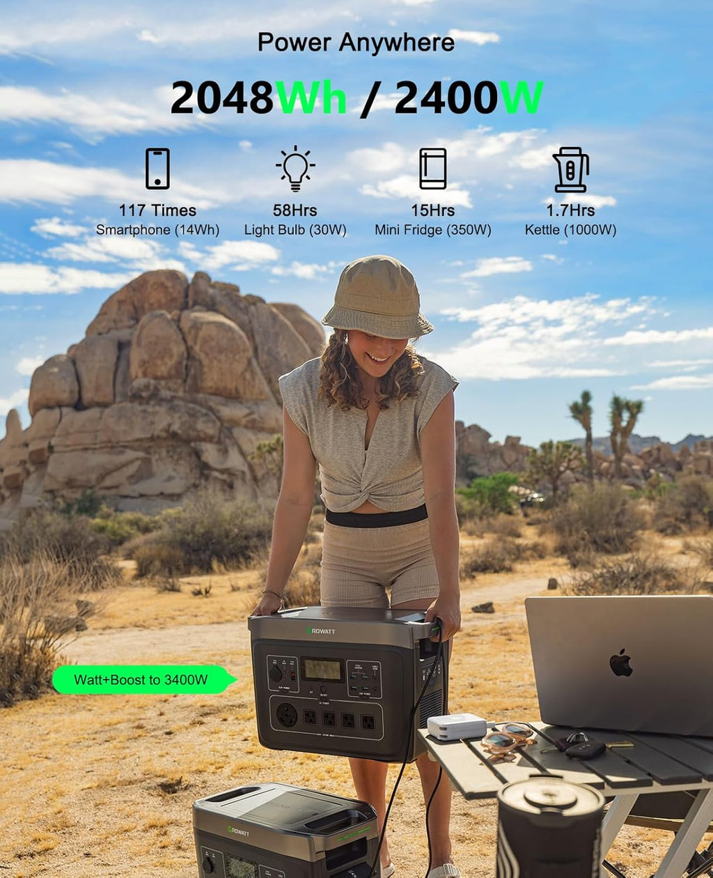 GROWATT Portable Power Station with 200W Solar Panel，Black Infinity 2000 Electric Solar Generator，2048Wh LifePO4 Battery, 2200W AC Output for Home Use, Outdoor Camping, RVs and Emergency Backup