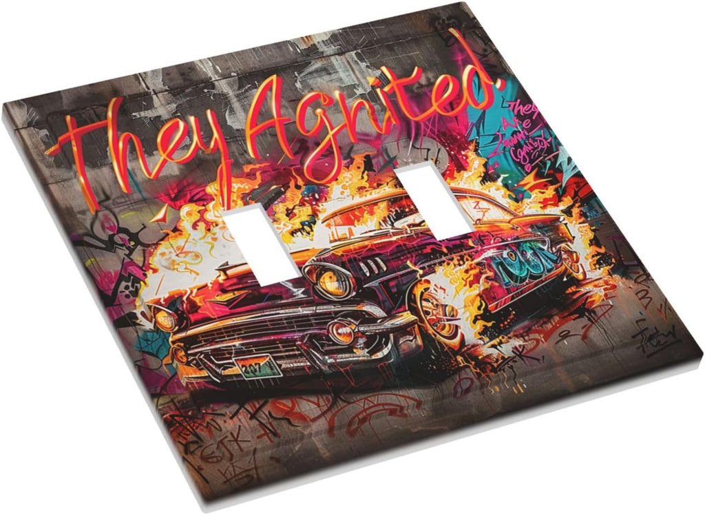 Decorative Switch Plates Hip Hop Street Graffiti Flame Car 2 Gang Double Toggle Outlet Light Switch Cover Wall Plate Electrical Faceplate for Bedroom living Room Decor