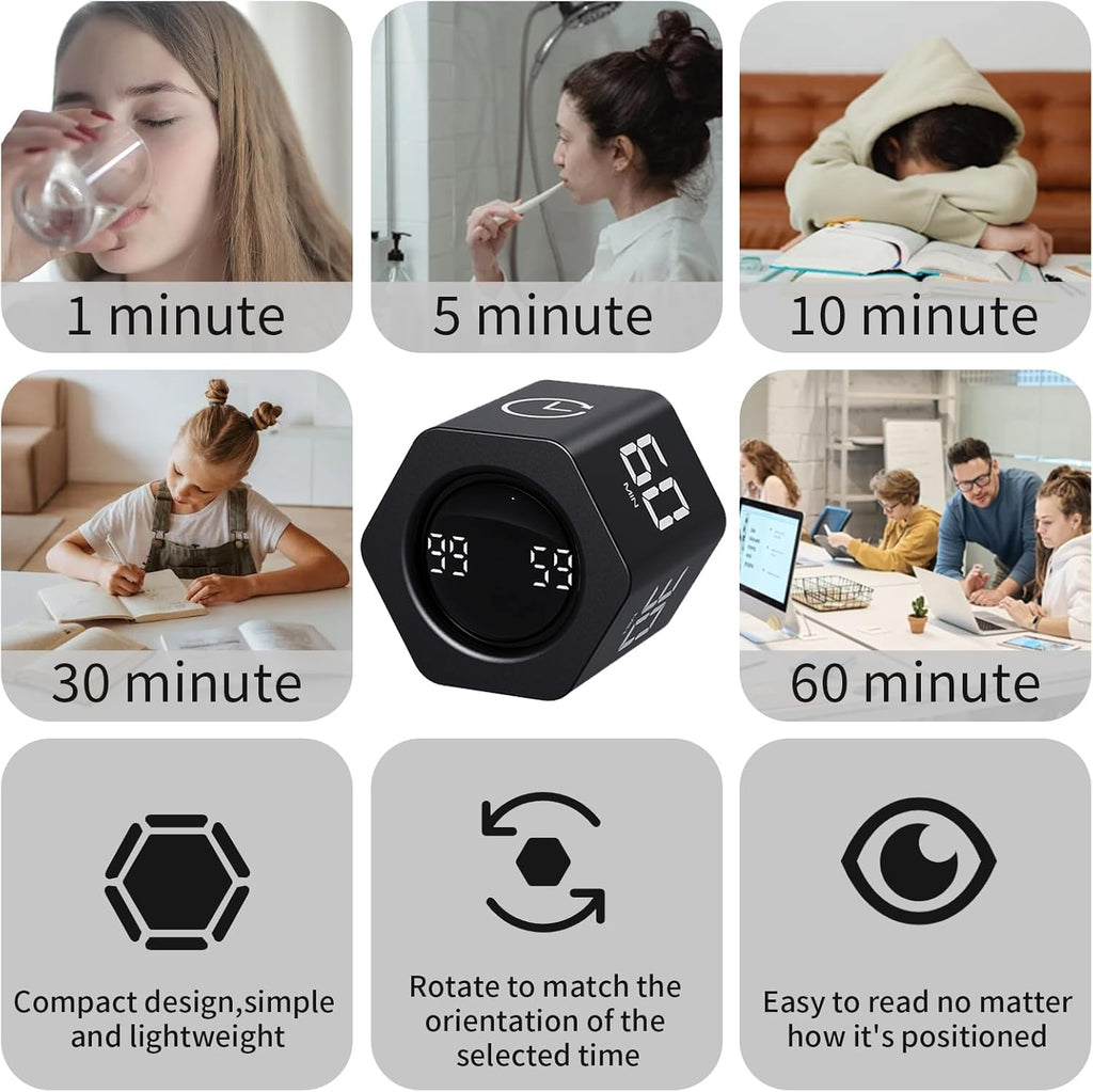 Productivity Timer Flip Gravity Sensor Pomodoro Cube Timer Countdown & Countup,1/5/10/30/60min Preset & Custom Timing, Mute/Vibrate/Sound for ADHD,Work,Study,Kitchen(1, Black Hexagon)