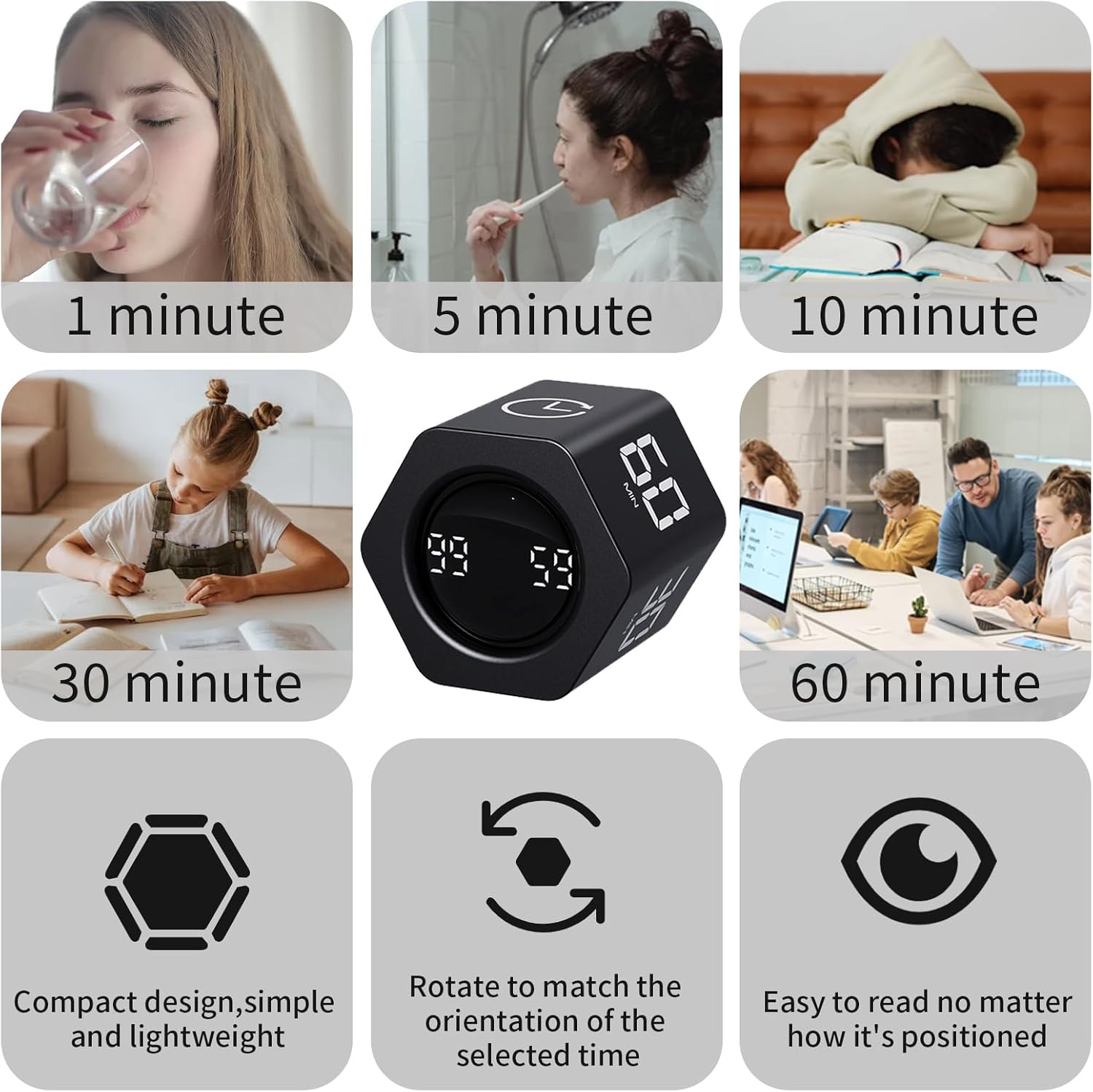 Productivity Timer Flip Gravity Sensor Pomodoro Cube Timer Countdown & Countup,1/5/10/30/60min Preset & Custom Timing, Mute/Vibrate/Sound for ADHD,Work,Study,Kitchen(1, Black Hexagon)