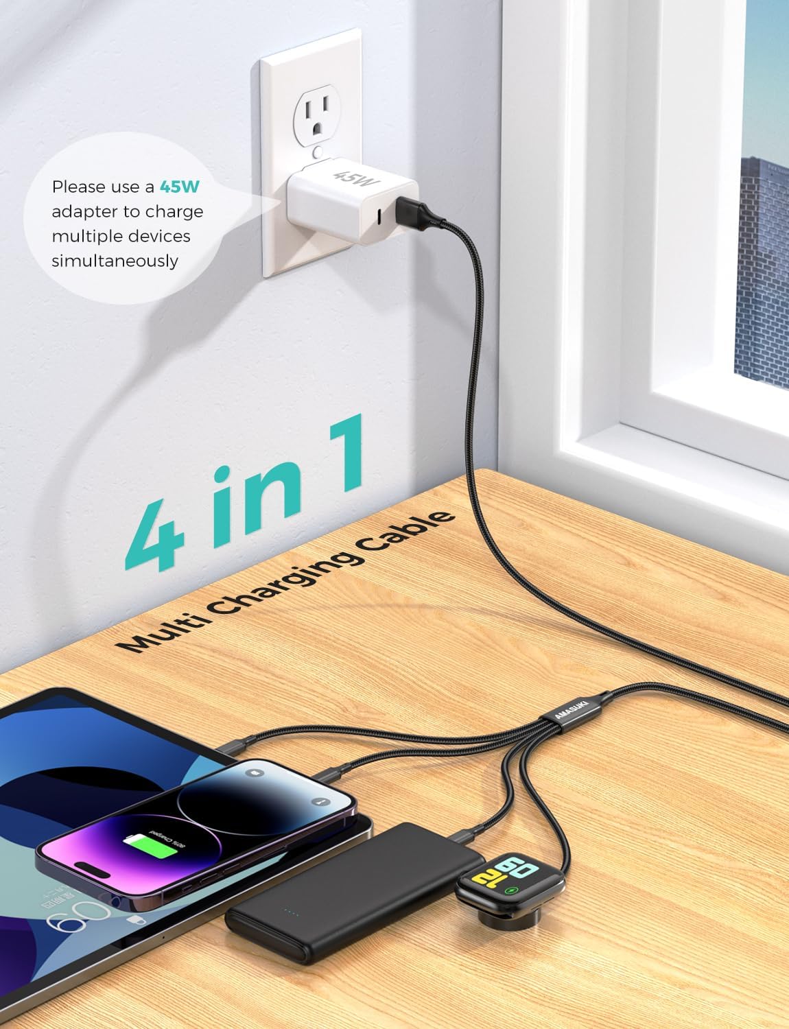 Travel Essentials,4 in 1 for Apple Watch Charger/iPhone Charger/Multi Charging Cable,Vacation RV Camping Essentials,USB C/L/Micro Portable Charger for iWatch 11-1/iPhone 17-12,Car&Gift-Black