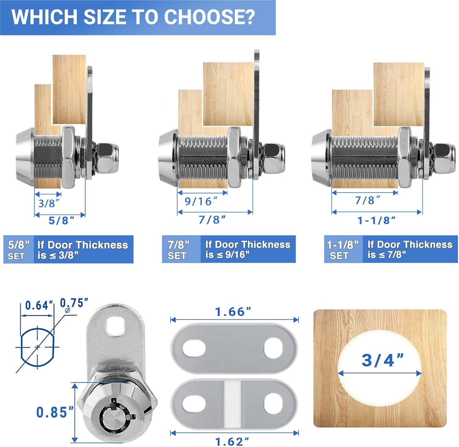 Cam Lock RV Storage Locks Keyed Alike, 1-1/8" Fits on 7/8" Max Door Thickness, RV Compartment Locks for Camper Trailer Locks with Keys (1-1/8 Inch 6Pack)