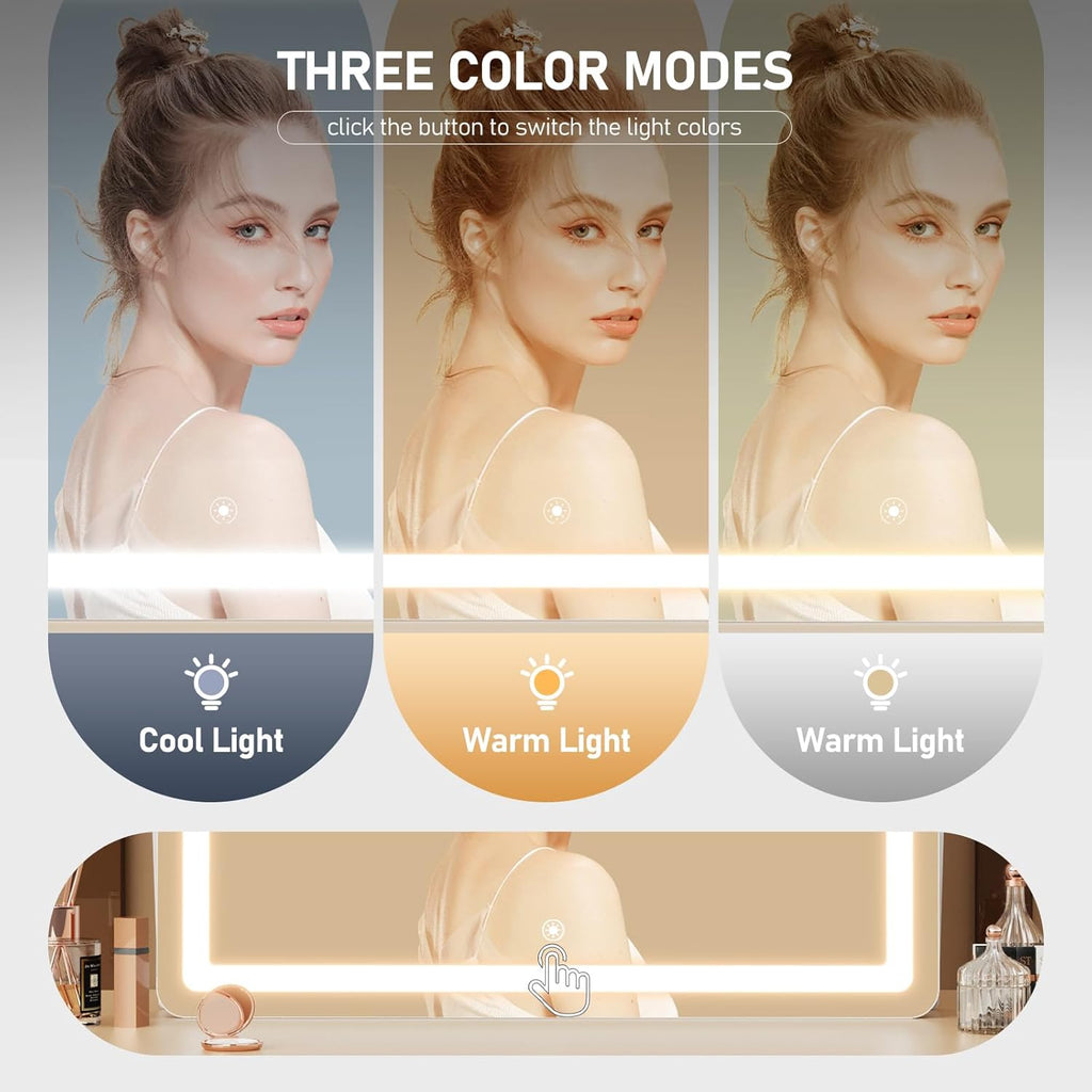 Ligheted Vanity Mirror with Lights, 14" x 12" LED Makeup Mirror, Hollywood Mirror,3 Modes Light, Smart Touch Control Dimmable, 360°Rotation, Rectangle Gold Frame