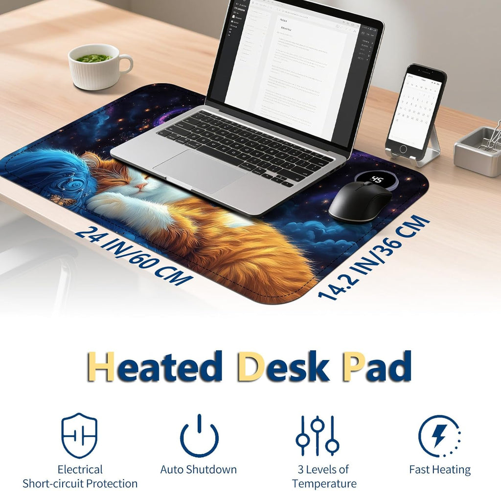 Heated Mouse Pad with 3 Temperature Settings(104°F–122°F),Large 24x14.2 Inch PU Leather Heated Desk Mat,Waterproof Warming Pad for Office,Gaming & Cold Hands Relief,Cat Bule Butterfly