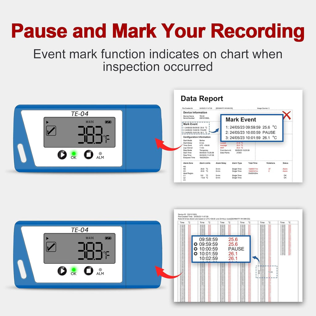 TE-04 5PCS Temperature Data Logger with External Probe, Auto PDF& CSV Report, 35,000 Points, Large Display Pause Recording Function, Temperature Recorder for Cold Chain Vaccine Storage