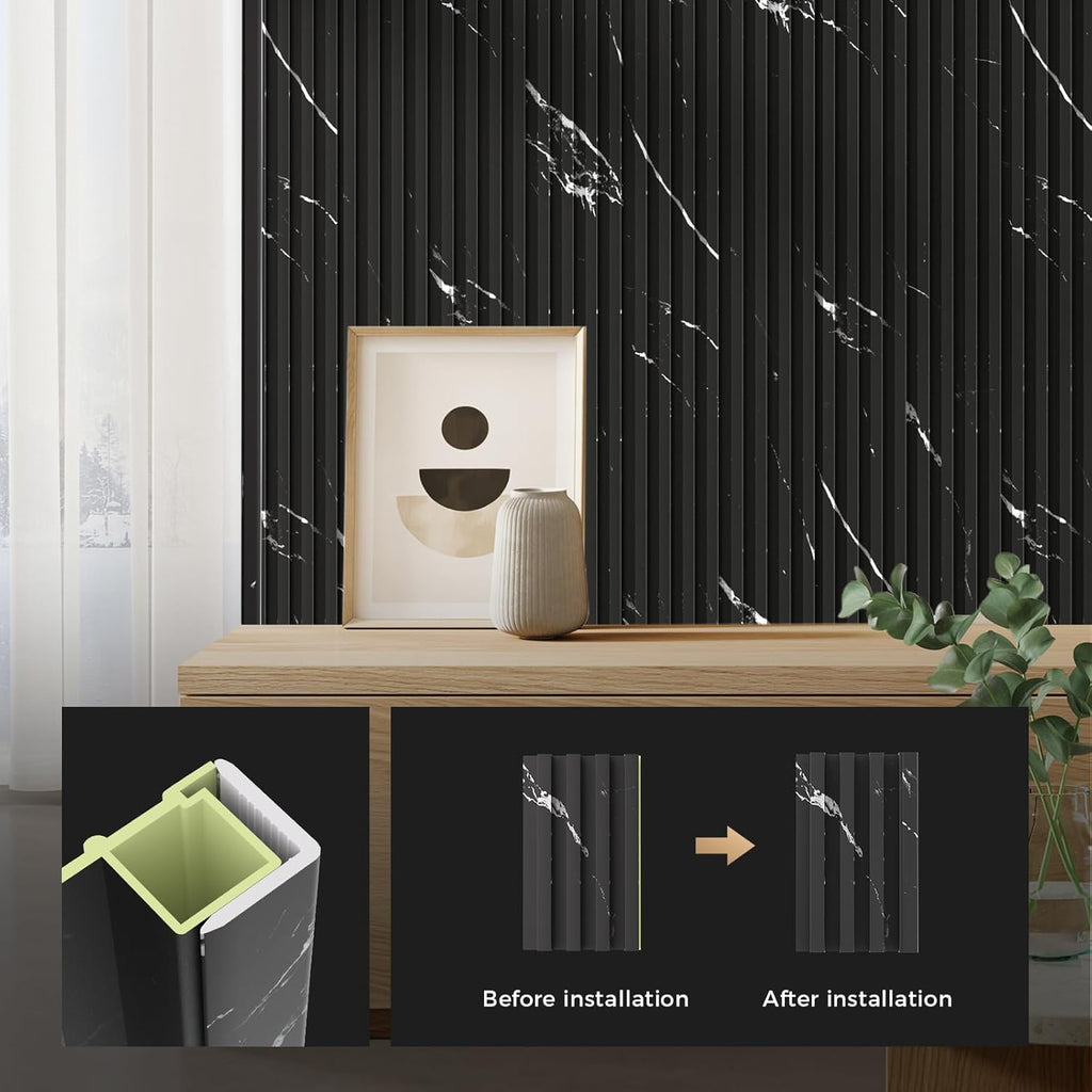 OUZUGIE 8-Pack 57 Inches, WPC Slat Wall Panel Trim,Corner Guard for High Grille (Black Marble-1)
