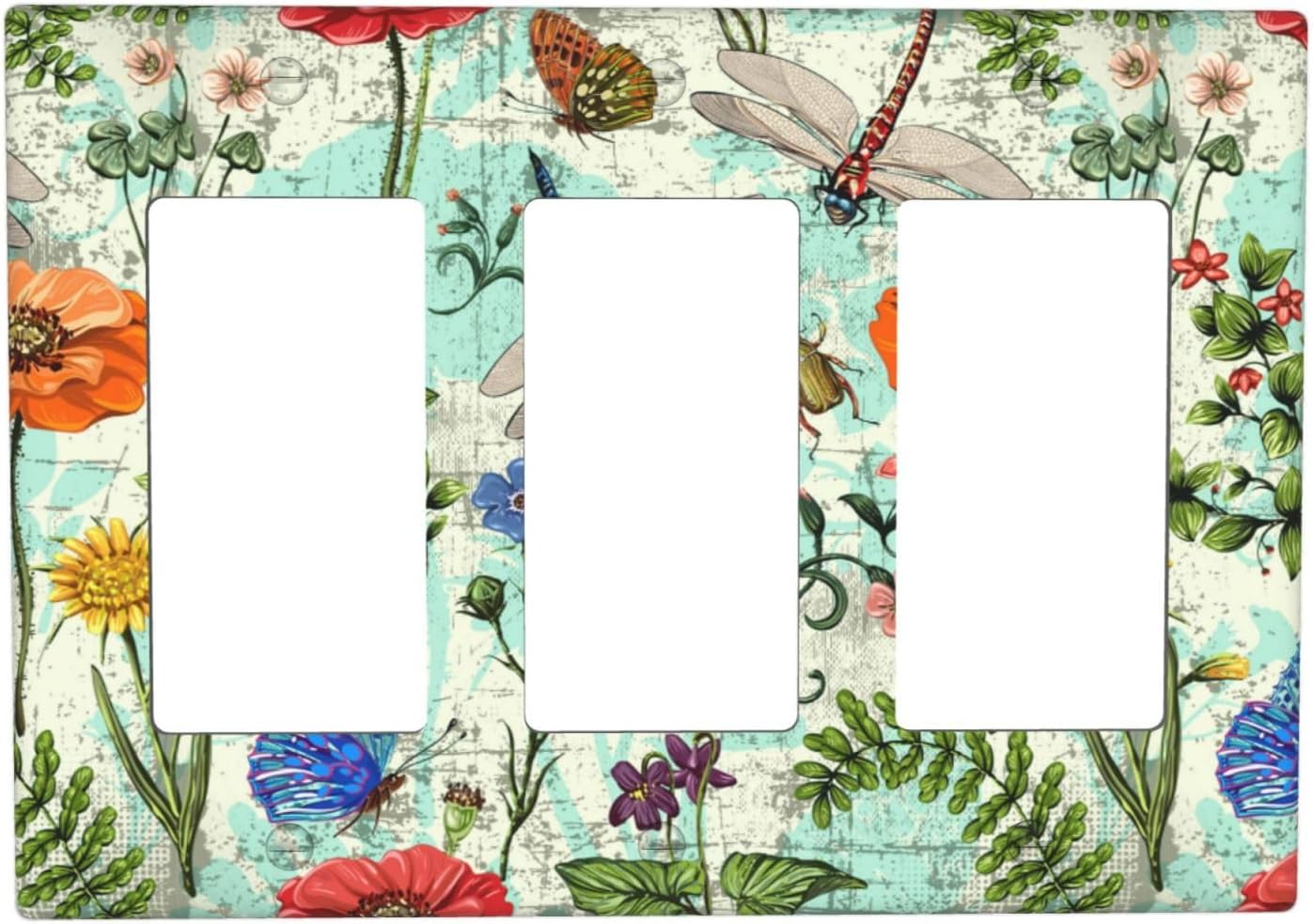 Dragonflies Flowers Butterfly 3 Gang Triple Rocker Outlet Light Switch Cover Decorative Wall Plate Cover For Home Living Bedroom Kitchen Decorative