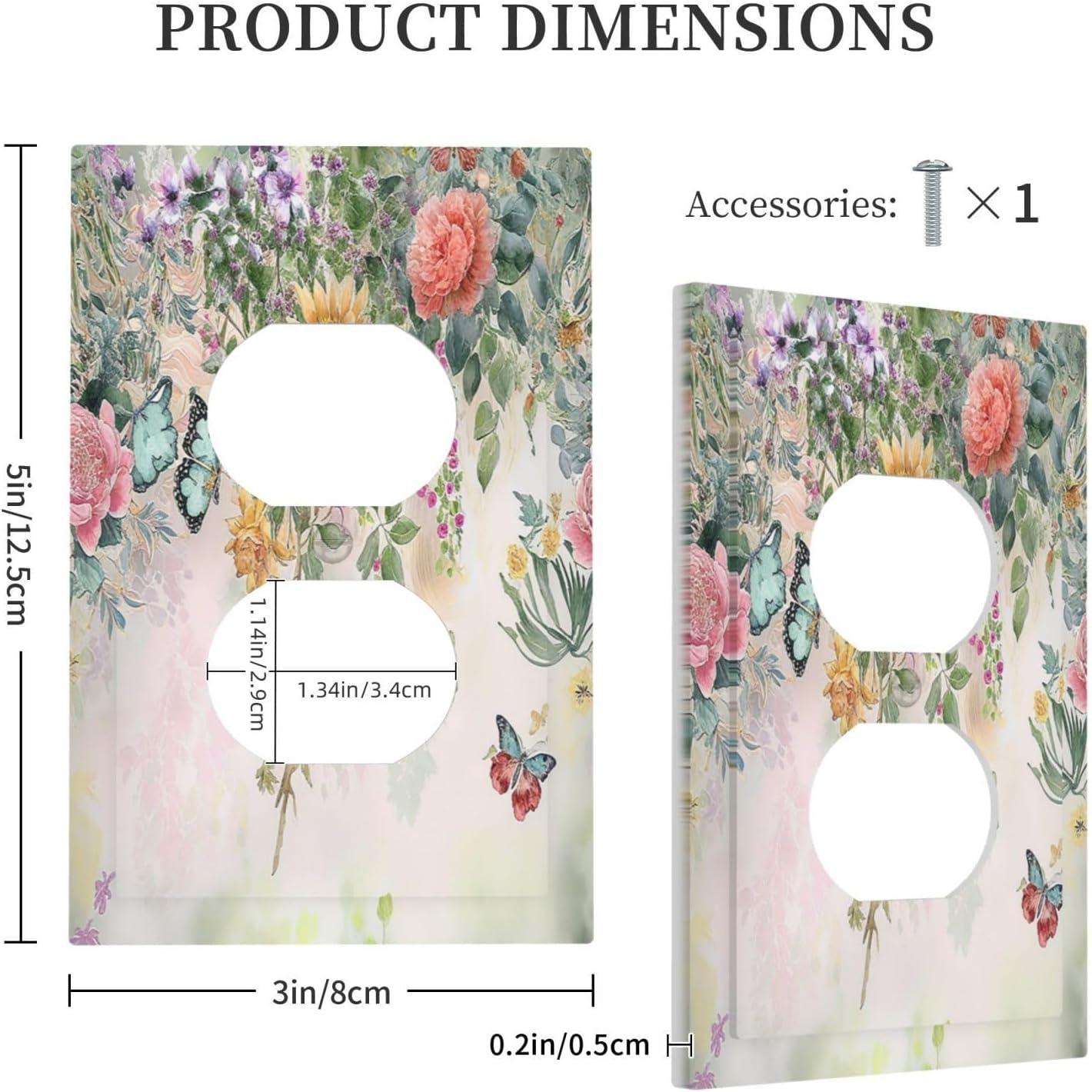 Rustic Floral Watercolor Flower Blossom Butterfly 1 Gang Duplex Receptacle Switch Wall Plate Decorative Switchplate Outlet Covers Electrical Plug Cover Faceplate for Bathroom Home Decor 5 X 3 IN