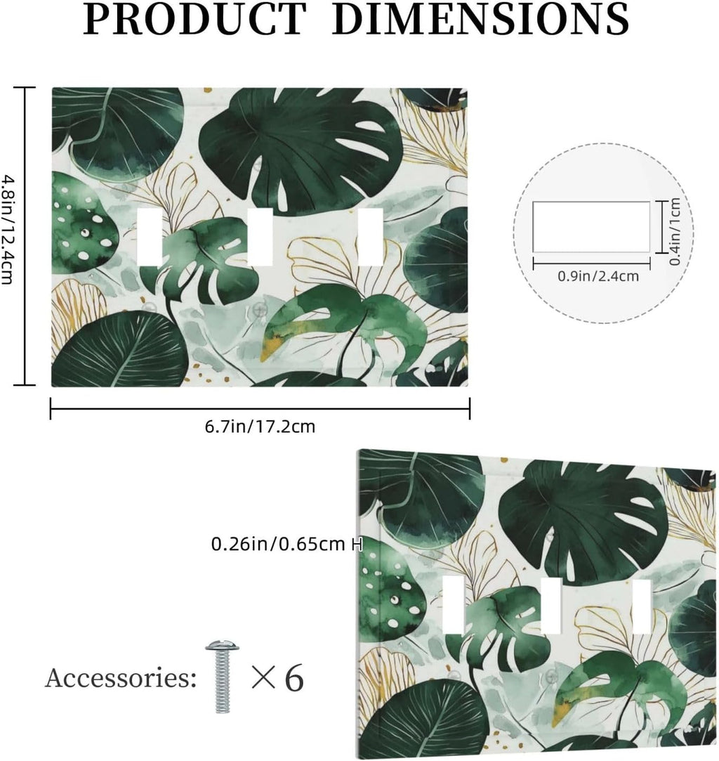 Boho Tropical Green Leaf Watercolor Banana Leaves Decorative Switch Plates 3 Gang Wall Plate Triple Toggle Light Switch Cover Faceplate Electrical Wall Panels For Bed Room Living Room Decor