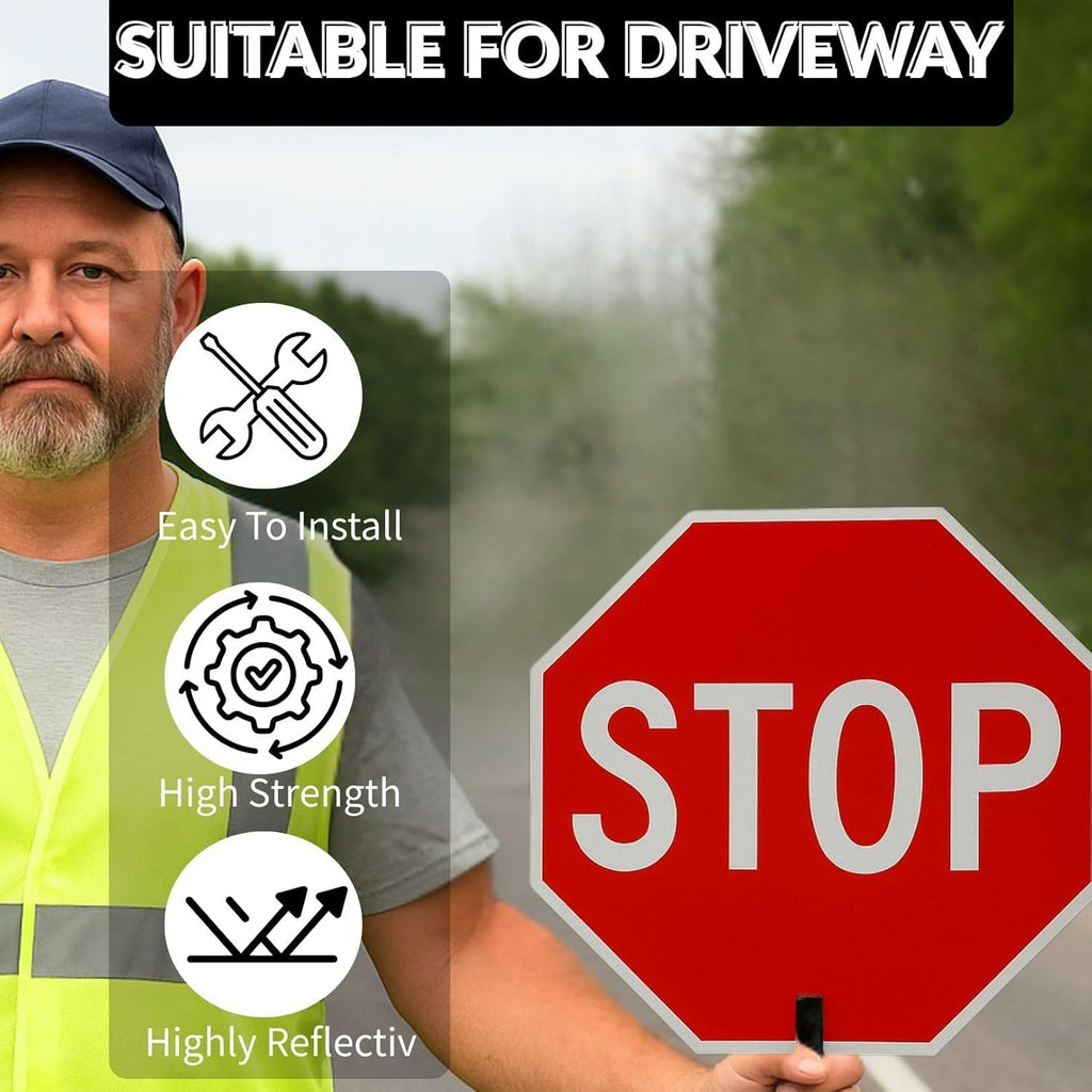 BESEA 18 Inch Handheld STOP & SLOW Sign, Double-Sided Reflective Paddle for Traffic Control, School Crossings, Construction Zones,Caution Areas Durable Non-Telescopic Handle, High-Visibility Safety Sign