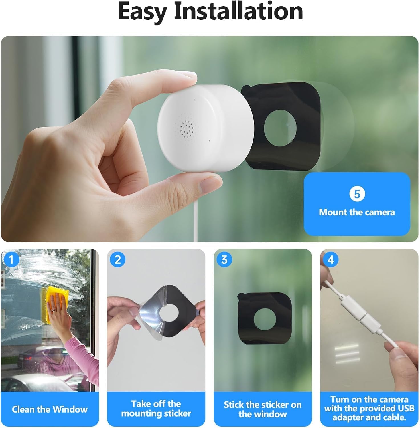 2K No Drill Window Camera-2 Pack Indoor Cameras for Home Security with Starlight Night Vision, AI Smart Detection, 911 Emergency Dispatch,US Based Cloud,2 Way Talk,24/7 Recording