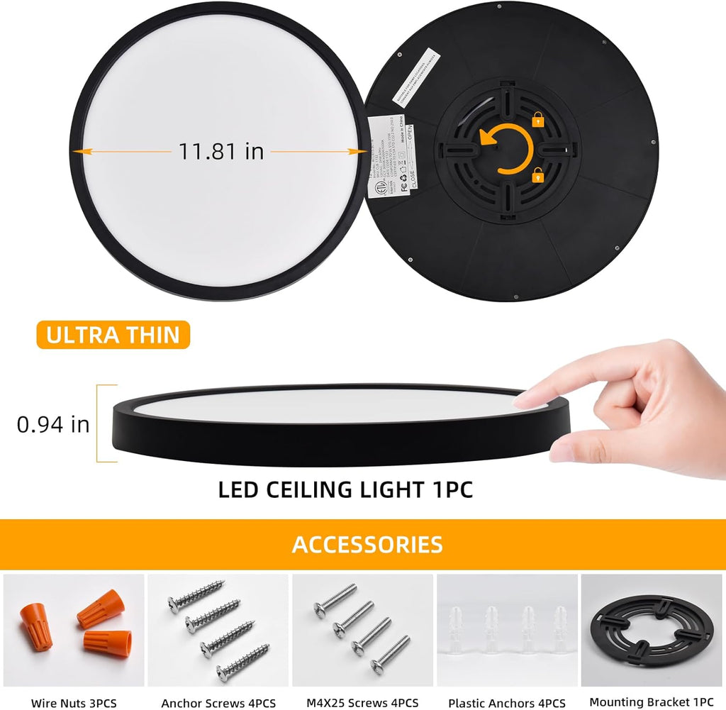 Hlite 4pack 12 inch Flush Mount LED Ceiling Light Fixture,24W 2400LM Super Slim Light Fixtures Ceiling Mount 3000K/4000K/5000K 3CCT Selectable,Light Fixtures for Kitchen,Bedroom (Black)