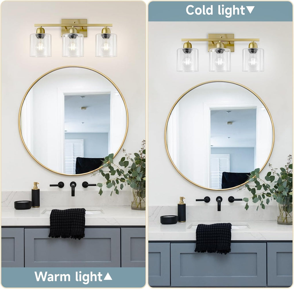 Modern Brushed Gold 3 Light Bathroom Light Fixtures, 19 inch Vanity Lights for Bathroom with Clear Glass, Bathroom Lighting Fixtures Over Mirror for Mirror Kitchen Living Room