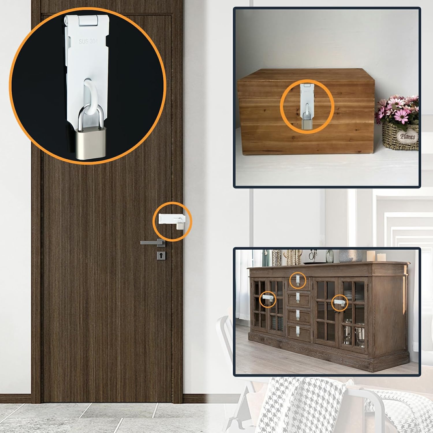 Alise Door Lock Hasp Latch with Padlock,4 Inch SUS 304 Stainless Steel Safety Packlock Clasp Hasp Lock Latch, with Fixing Screw for External Doors Window Cabinet Pet Cage, White Finish,MST009-W