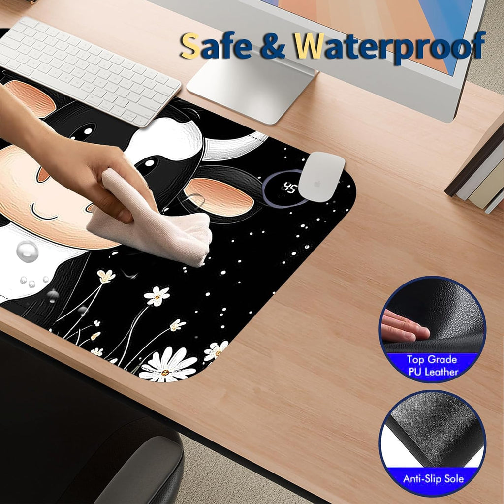 Heated Mouse Pad with 3 Temperature Settings(104°F–122°F),Large 24x14.2 Inch PU Leather Heated Desk Mat,Waterproof Warming Pad for Office,Gaming & Cold Hands Relief,Cute Black White Cow