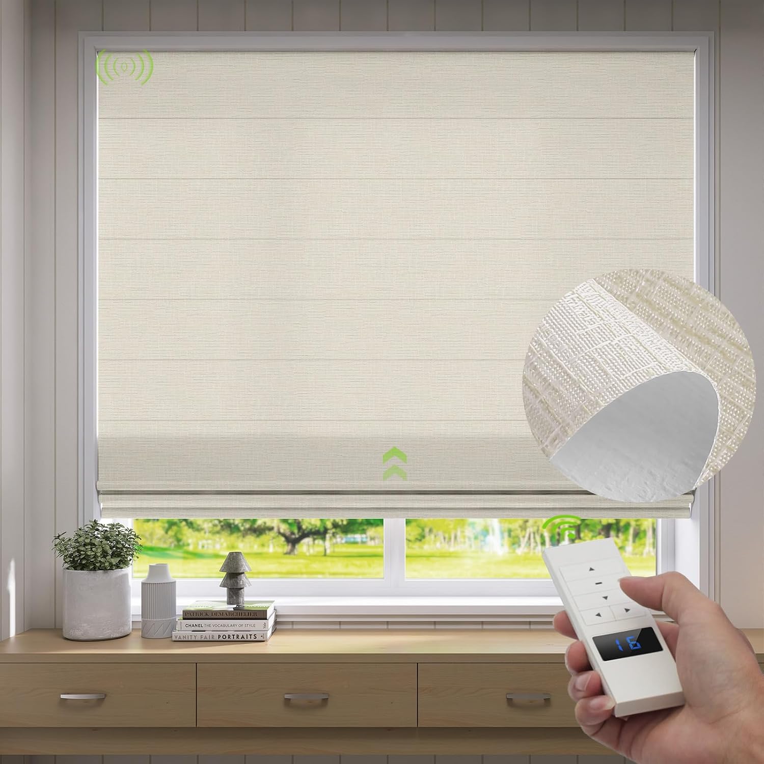 ZSTARR Smart Roman Shades Rechargeable Motorized Blinds with Remote Light Filtering Roman Window Shades Plain Fold Soft for Doors Bedroom, Custom Size (Light Beige)