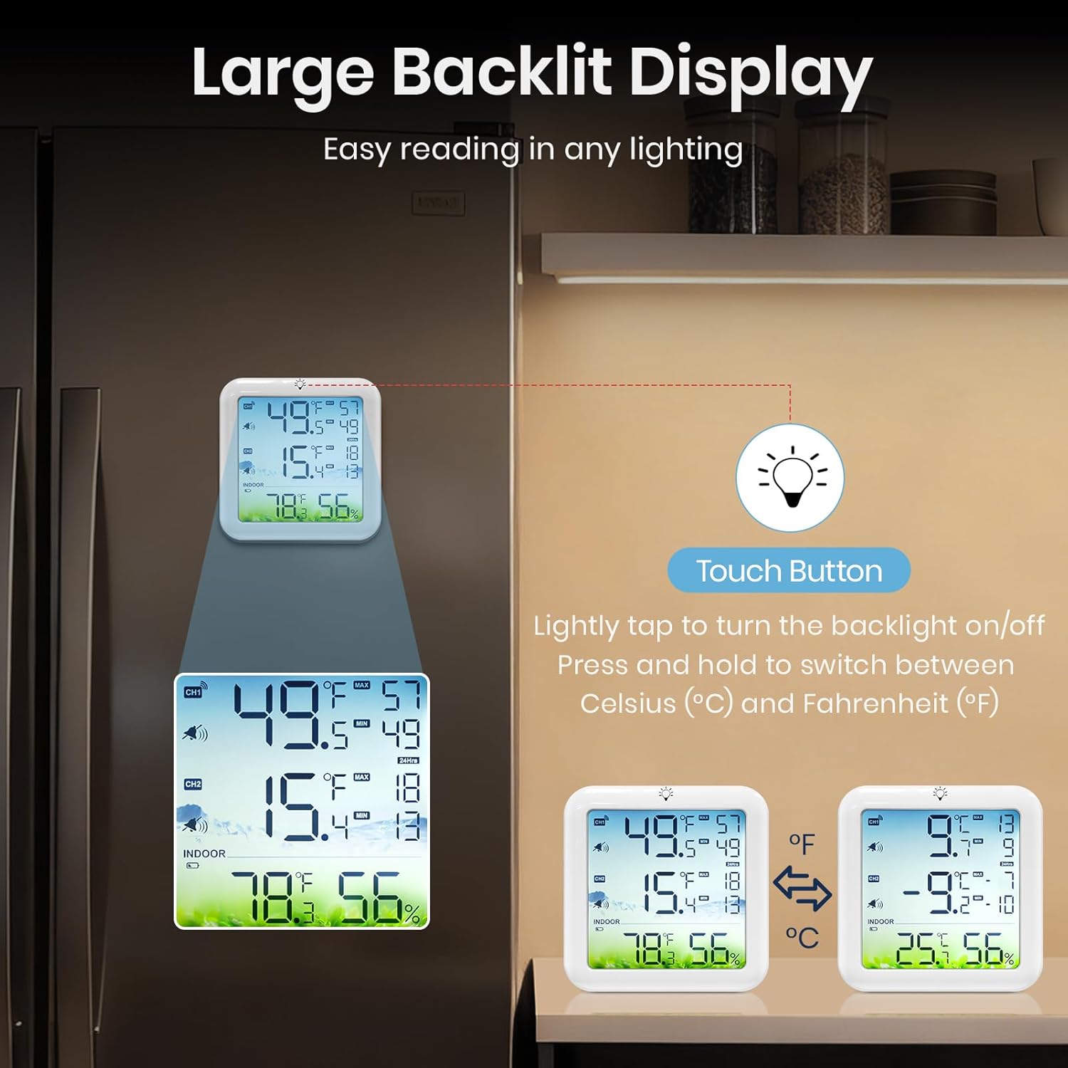 Refrigerator Thermometer with Freezer Alarm, Wireless Freezer Thermometer, Max/Min Temperature Records Fridge Monitor, 330ft Temperature Humidity Monitor with 2 Sensors, for Kitchen Home Restaurant