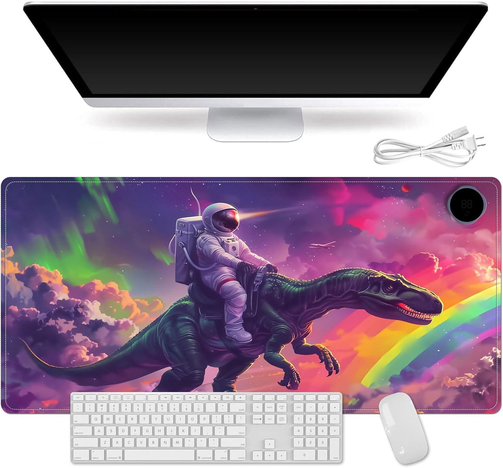 Small Heated Desk Pad 23.6" x 14.2" – Compact Electric Mouse Pad with 3 Heating Levels, Auto Shut-Off, Waterproof PU Surface, Plug-in Warmer for Office or Home Use, Astronaut on Dinosaur