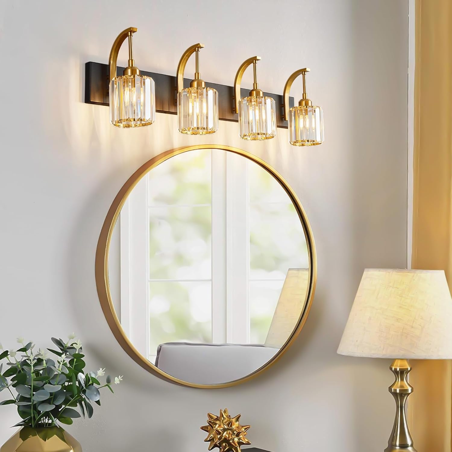4-Light Crystal Vanity Light, Modern Black Gold Bathroom Wall Sconce with K9 Crystal Shades, 32.67" Long Over Mirror Lighting for Vanity, Makeup, Hallway, Elegant & Easy Install