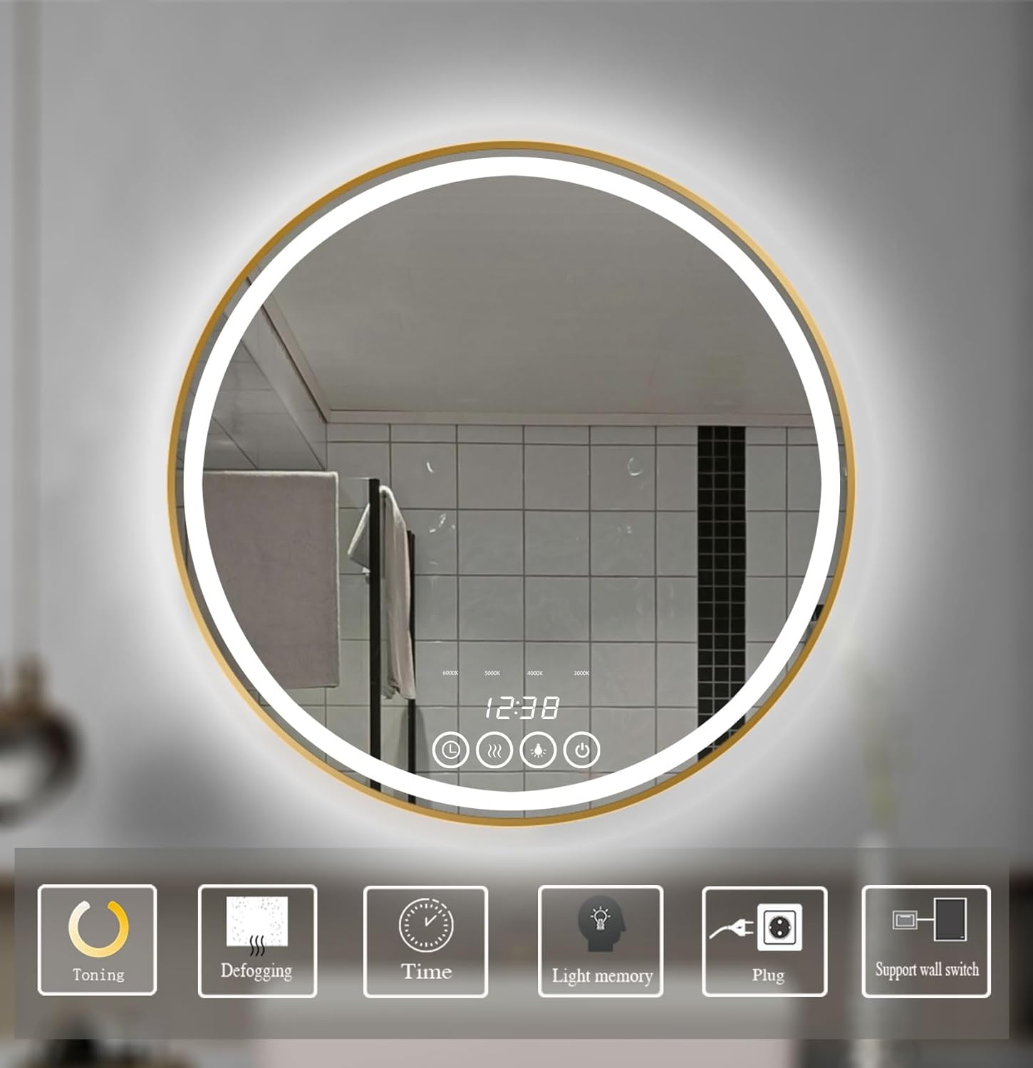 24 Inch Wall-Mounted Round Bathroom Mirror with LED-Lights - Frame Vanity Mirrors (24" x 24", Gold)