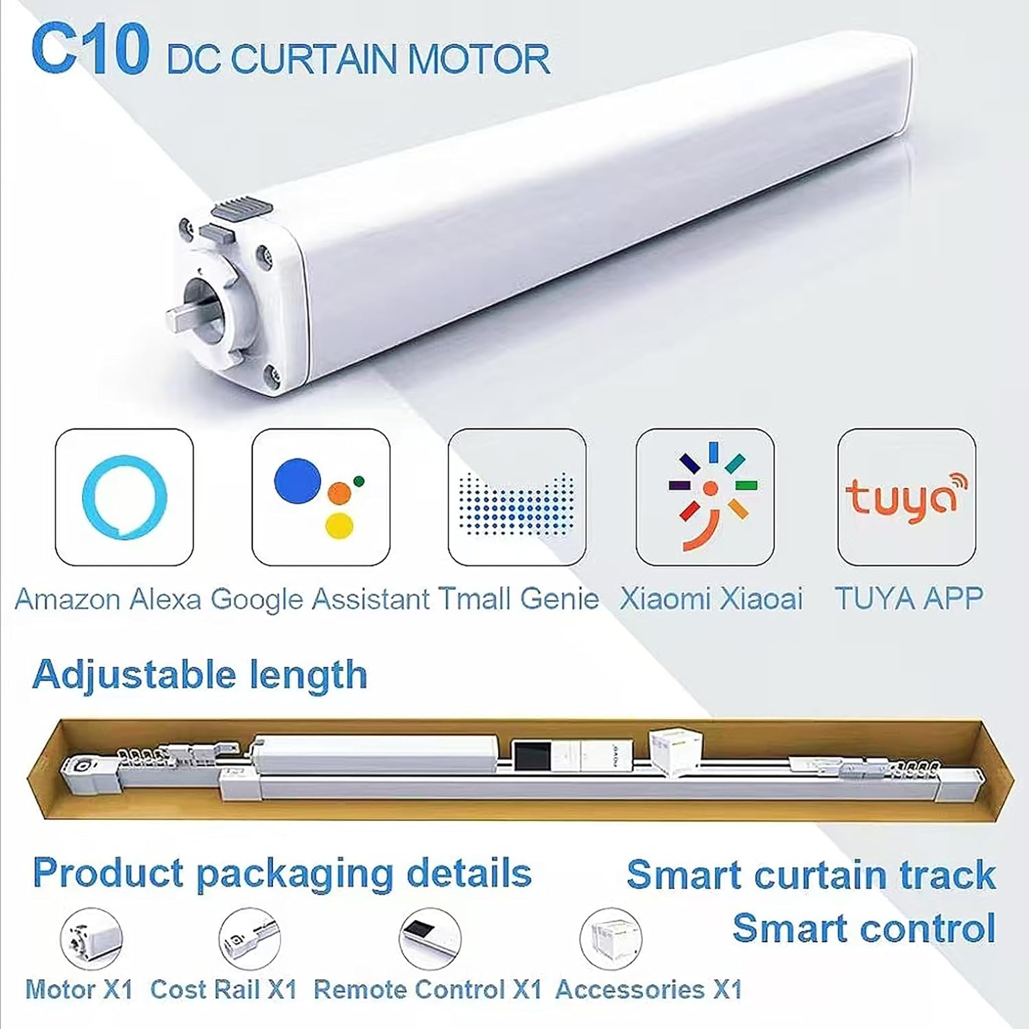TIPIACE Hard-Wired Tuya Wifi Motorized Curtain Tracks to Remote Control Ceiling Mount Electric Retractable Curtain Rail Compatible with Alexa Google Home (L 66.9-118 inch)