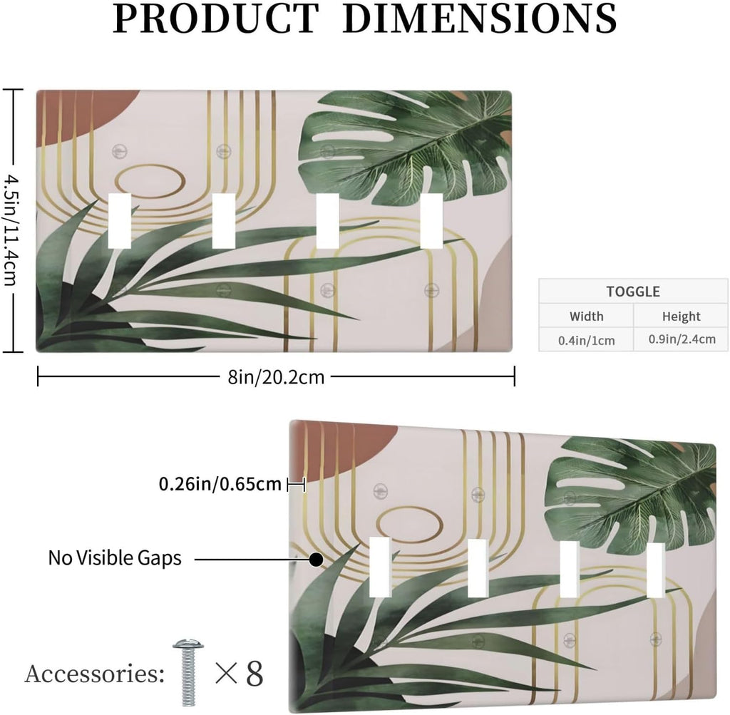 Decorative Light Switch Plate Covers Boho Mid Century Abstract Arch Green Leaves 4 Gang Light Switch Cover Plate Quad Toggle Wall Plate Outlet Covers for Bedroom Home Decor
