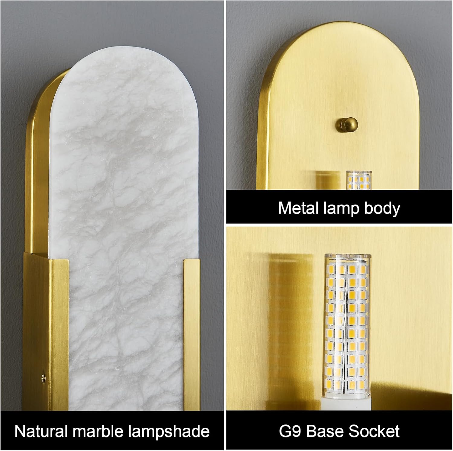 Brass Alabaster Wall Sconce, Modern Natural Marble Wall Sconces for Indoor Lighting, 19.7 in Gold Wall Lights for Bathroom Dining Room Stairs Bedroom (1-Pack)
