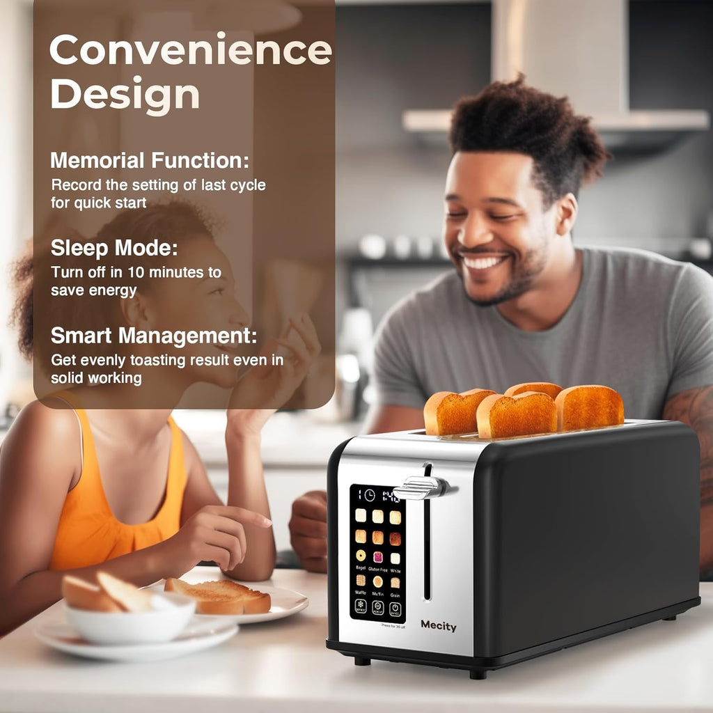 Mecity 4 Slice Toaster with Touchscreen Long Slot, Stainless Steel Smart Bread Toaster for Bagel Muffin Waffle Gluten Free Breads, Timer, Defrost, Reheat, 120V 1400W