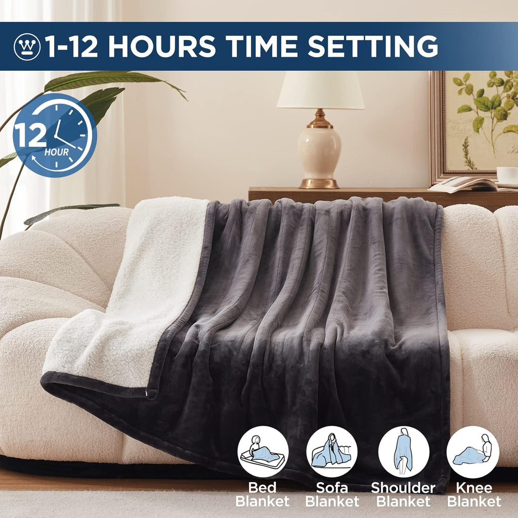 Westinghouse Electric Blanket Full, Heated Blanket Full Size with 10 Heating Levels and 1 to 12 Hours Heating Time Settings, Flannel to Sherpa Reversible, Machine Washable (80" x 84", Charcoal)