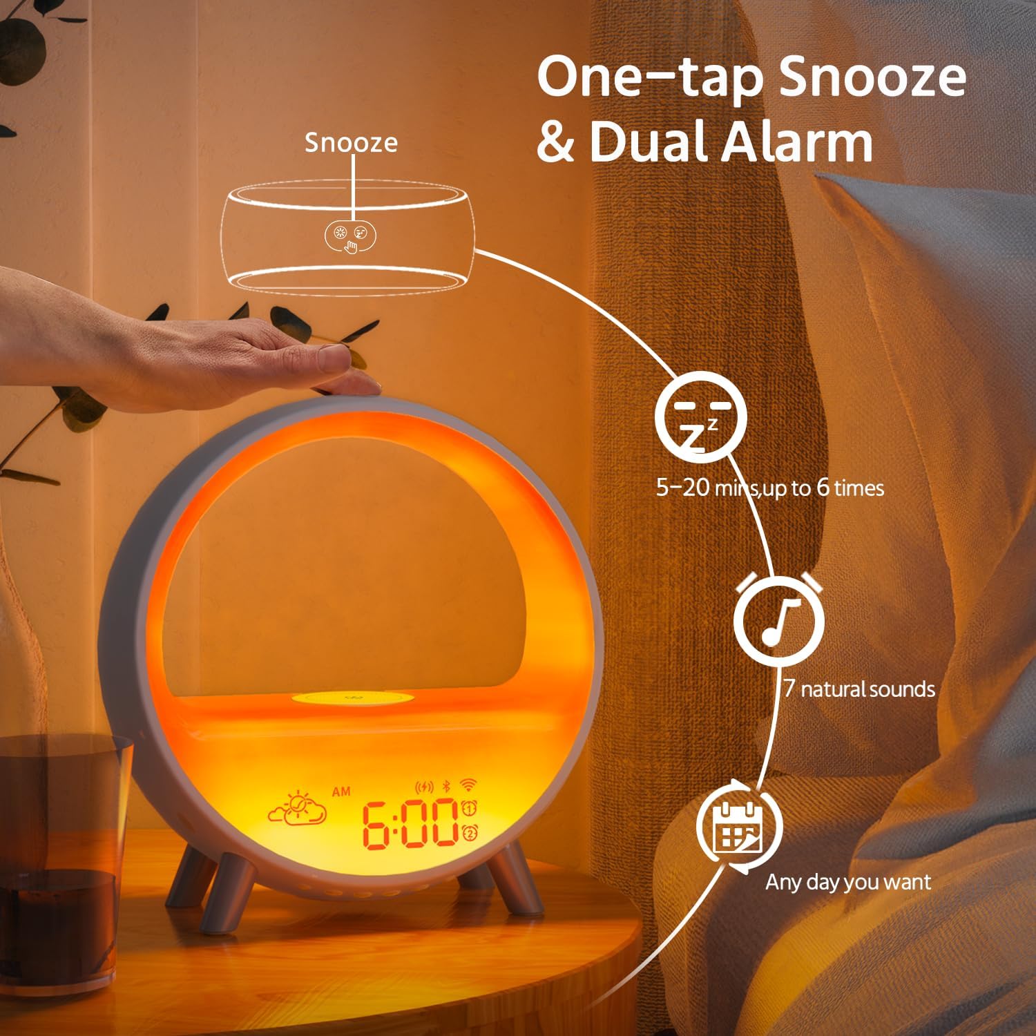 MOMILLA Smart Alarm Clock with Wireless Charging Station, Wake up Light w/Bluetooth Speaker, Compatible with Airpods/iPhone, APP Control White Noise Sound Machine, Sunrise Alarm Clocks for Bedrooms