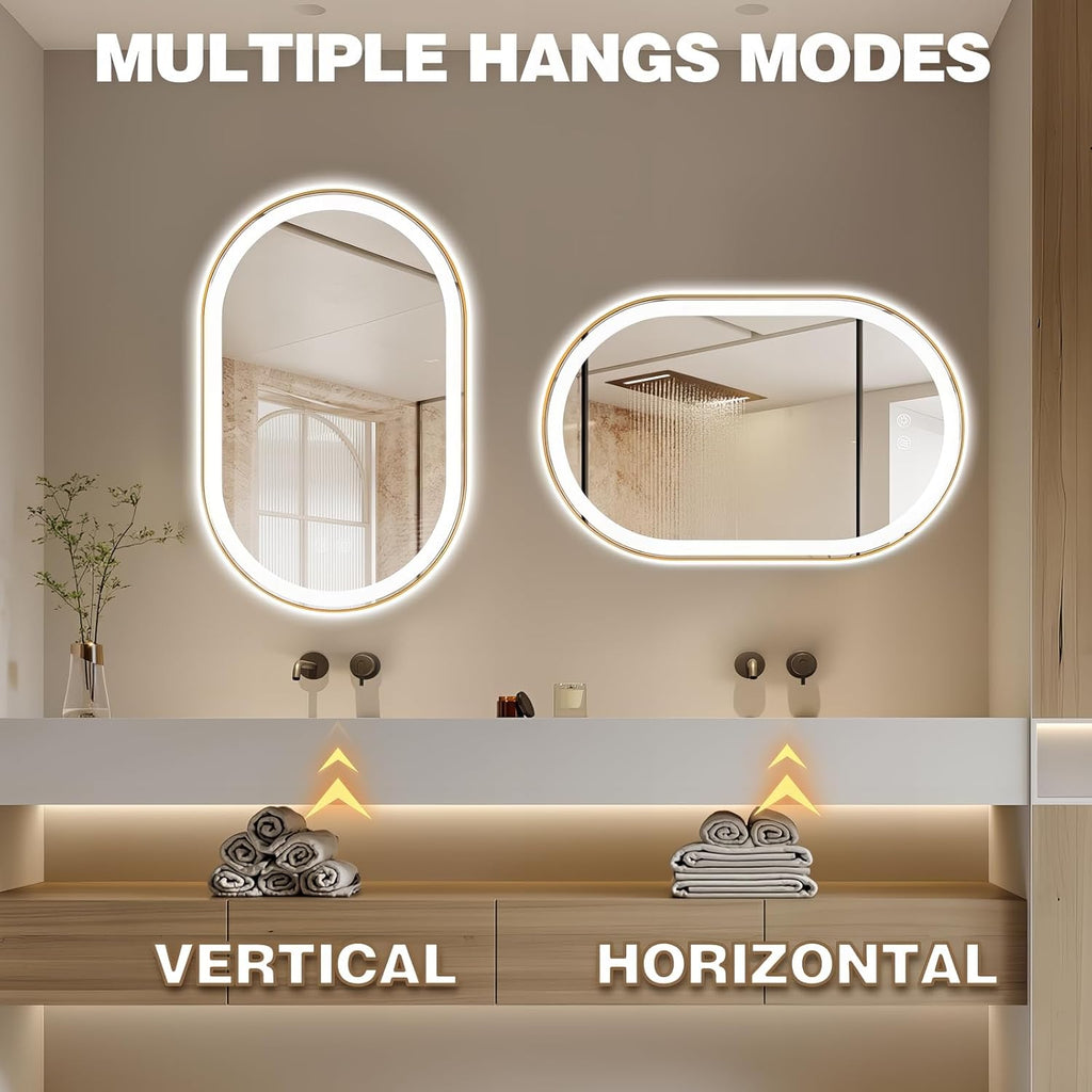 Niccy Oval LED Mirror for Bathroom, 48x30 Front Lit + Backlit Vanity Mirrors with Light Anti-Fog, Shatter-Proof, 3 Colors, Makeup Mirror with Gold Frame (Horizontal/Vertical)