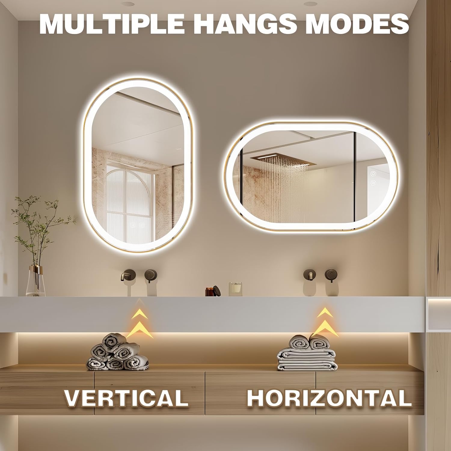 Niccy Oval LED Mirror for Bathroom, 48x30 Front Lit + Backlit Vanity Mirrors with Light Anti-Fog, Shatter-Proof, 3 Colors, Makeup Mirror with Gold Frame (Horizontal/Vertical)
