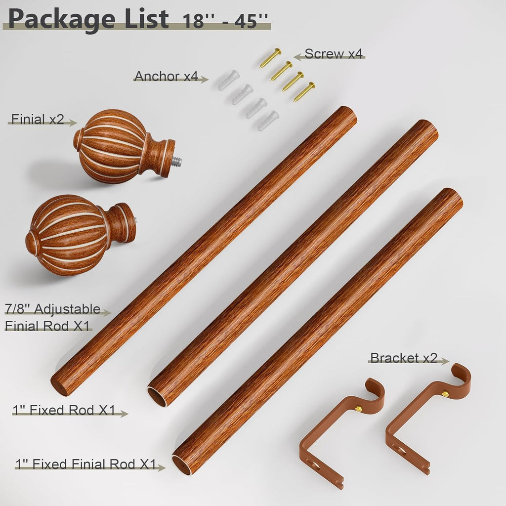 Reddish-Brown Wood Curtain Rods for Windows 28 to 48 Inch, 1'' Adjustable Heavy Duty Curtain Rod，Vintage Imitation Wood Decorative Drapery Rods with Pumpkin Finials for Bedroom Living Room