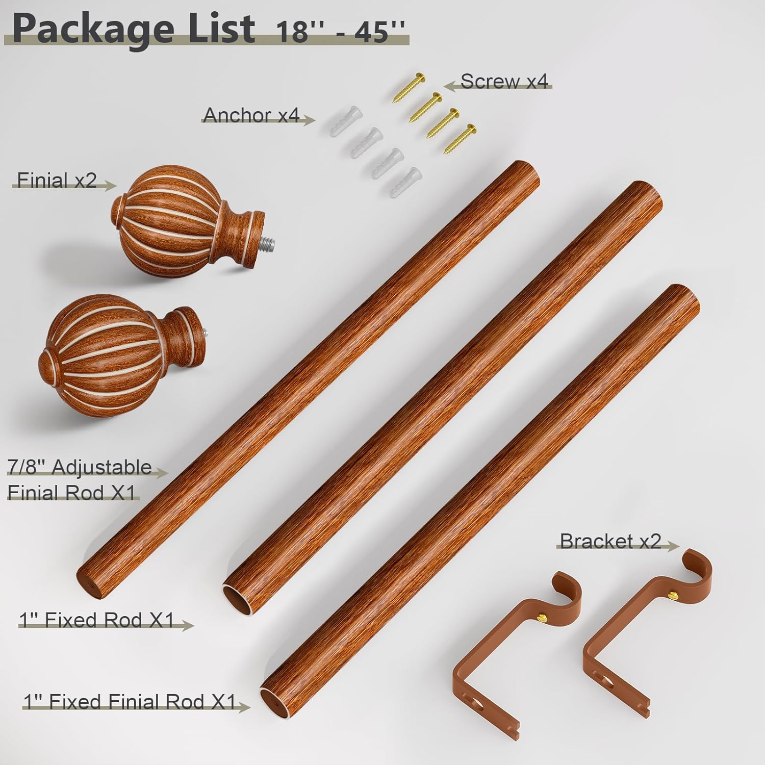 Reddish-Brown Wood Curtain Rods for Windows 28 to 48 Inch, 1'' Adjustable Heavy Duty Curtain Rod，Vintage Imitation Wood Decorative Drapery Rods with Pumpkin Finials for Bedroom Living Room