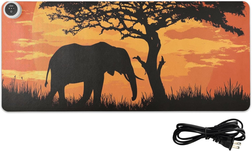 Heated Desk Pad Mouse Pad 31.5x13 Inch PU Leather Desk Mat with 3 Heat Levels Large Mouse Gaming Computer Laptop Mat Elephant Silhouette Sunset Red
