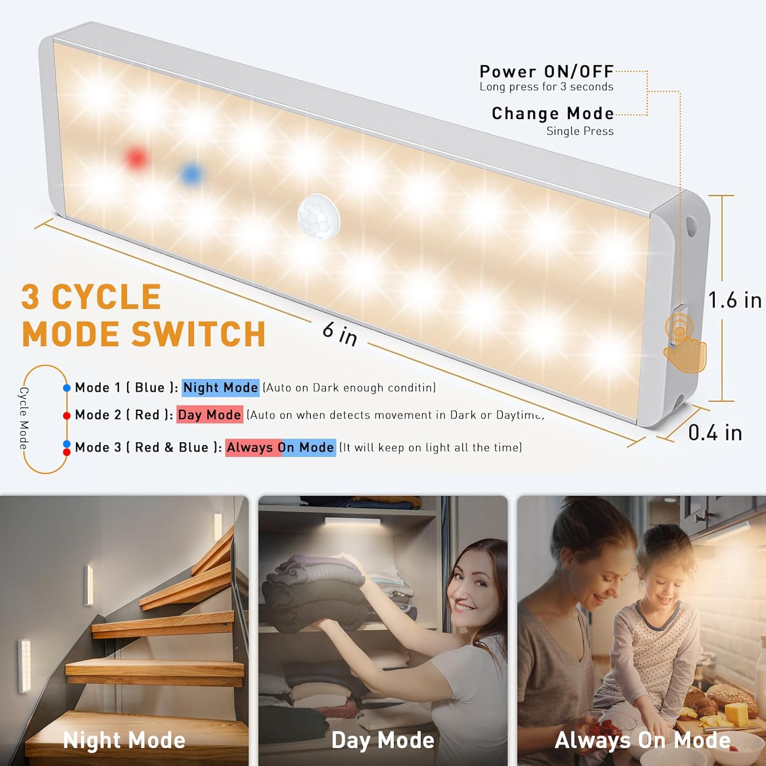 LED Closet Light, 20LEDs Rechargeable Motion Sensor Under Cabinet Lighting, Stick-Anywhere Night Safe Light Bar for Wardrobe,Kitchen-3 Pcs,Warm White