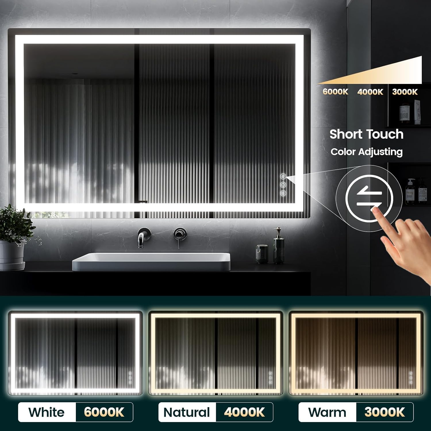 30"x 48" LED Mirror for Bathroom with Frontlit and Backlit, Anti-Fog, 3 Colors Temperature & Dimmable, Wall Mounted Bathroom Mirror