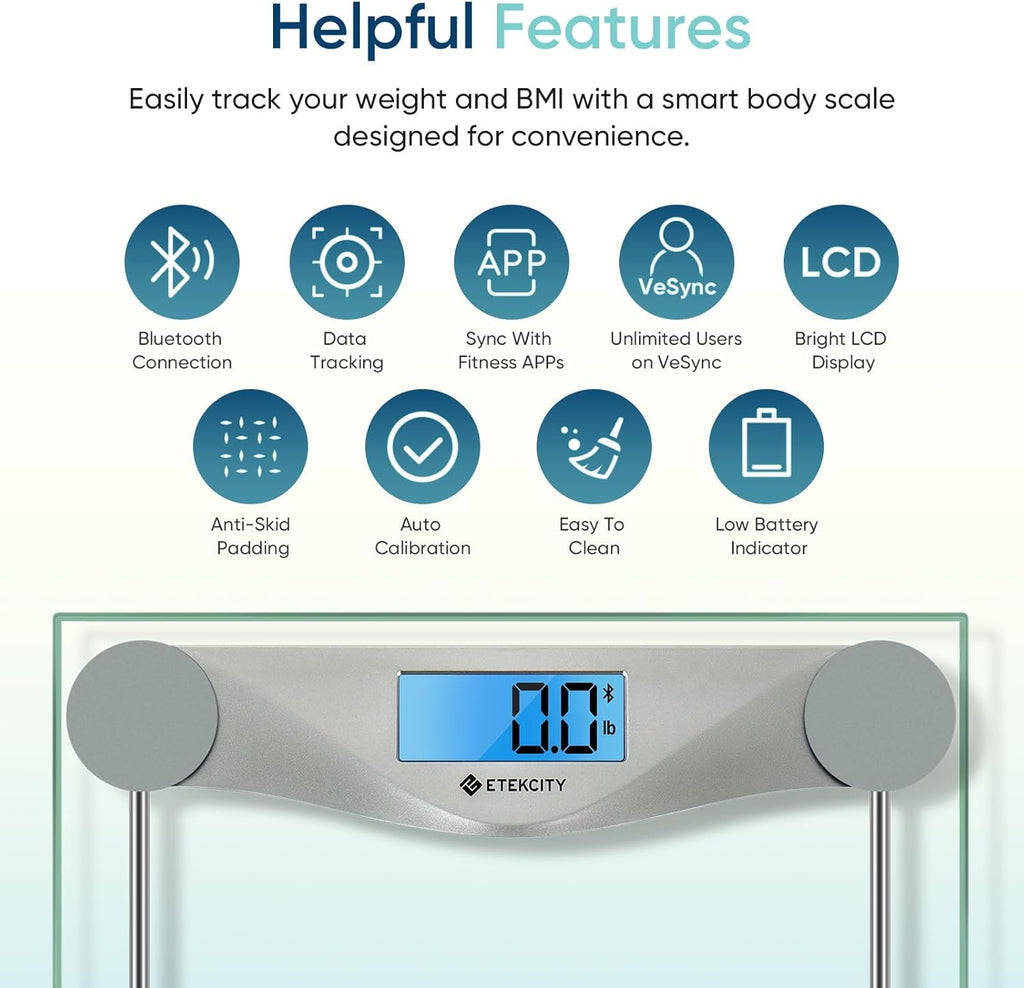 Etekcity Bathroom Scale for Body Weight and BMI, Upgraded Bluetooth Digital Scale, Large Blue LCD Backlight Display, High Precision Measurements, 400 Pounds