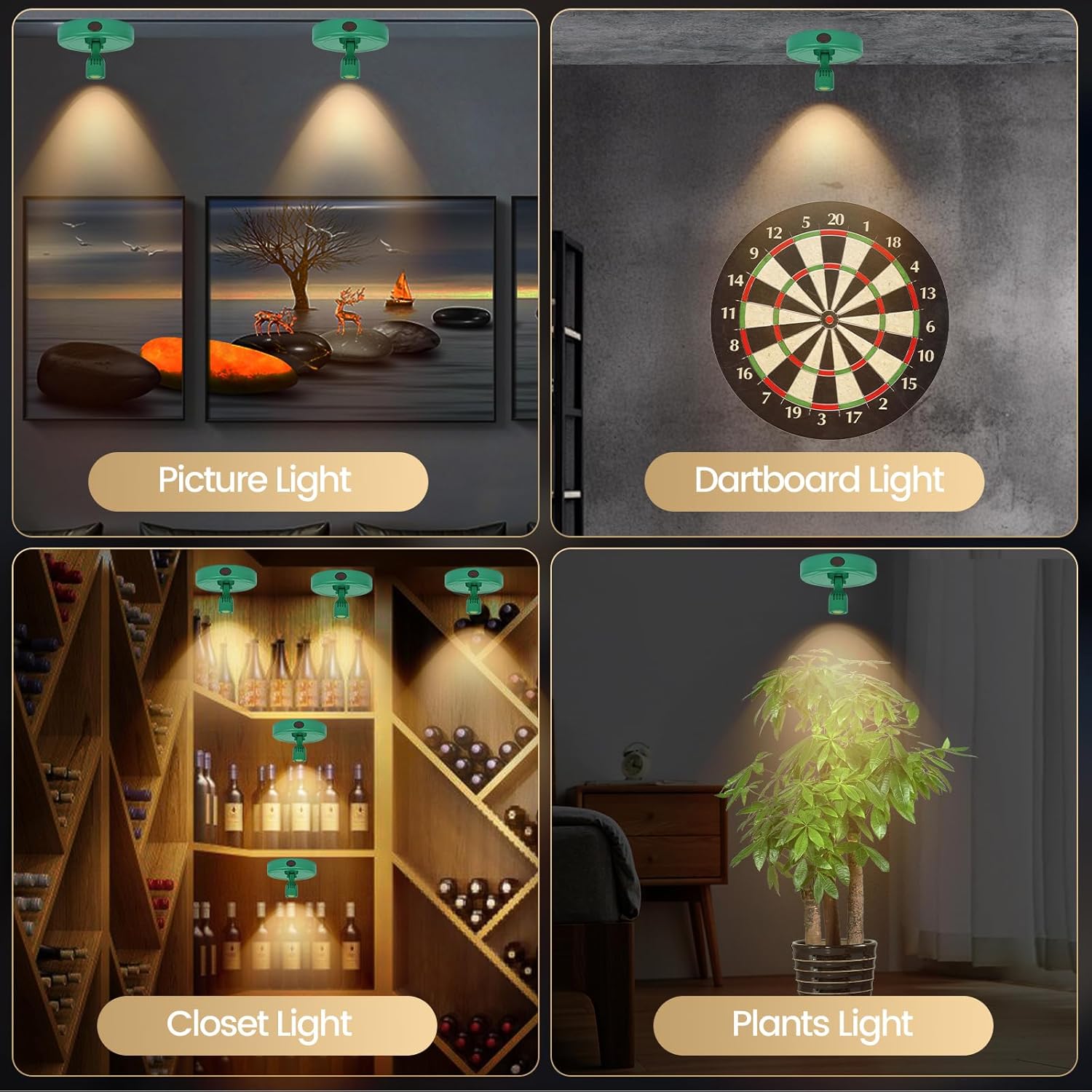 LED Spotlight, Rechargeable Battery Picture Lights, Uplighting Indoor, Spot Light with Remote, Plant Tree & Wall Art Display Dartboard Closet Spotlight-Green