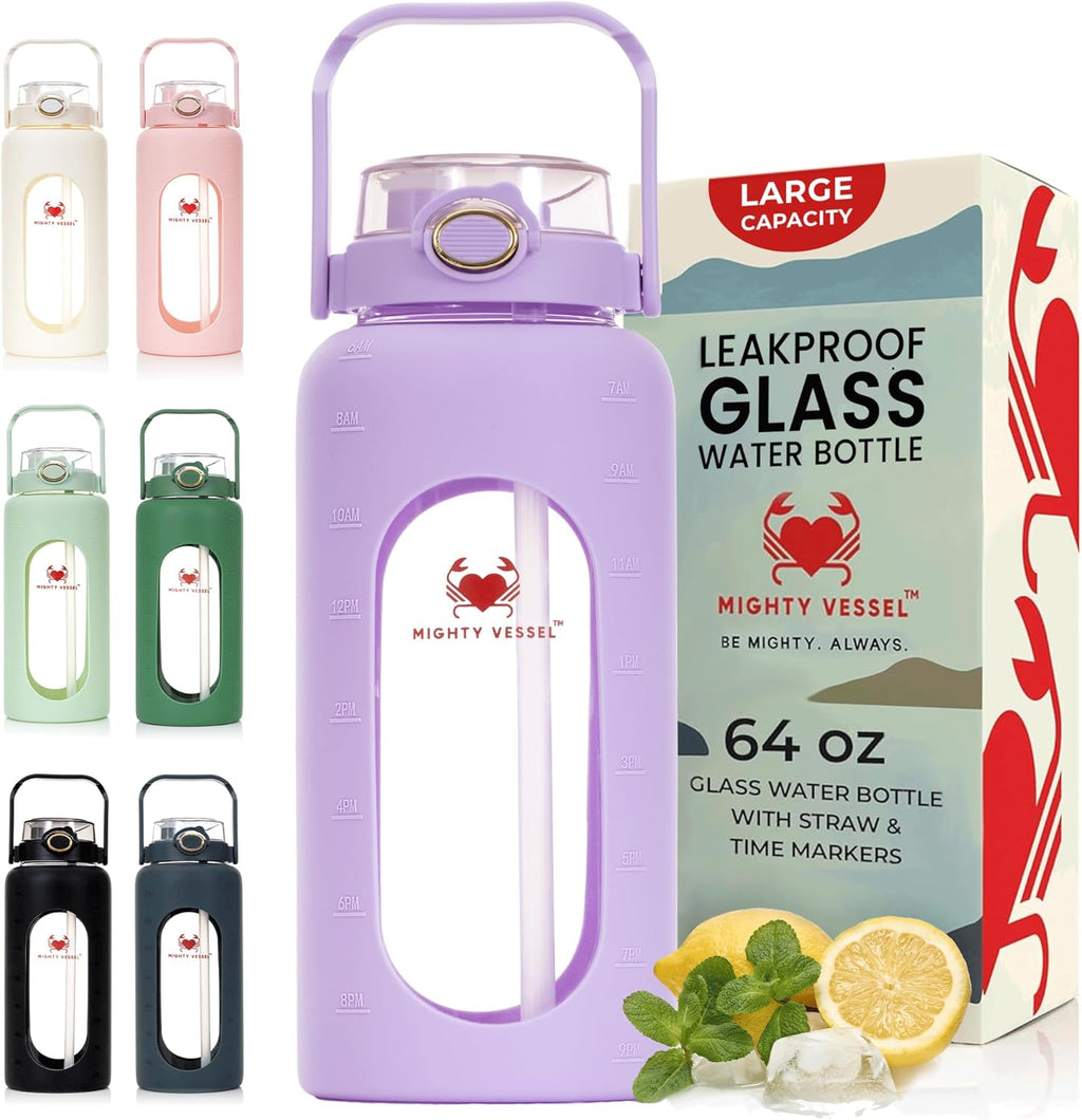 64 oz Glass Water Bottle – Lavender | Leakproof Half Gallon Glass Jug with Straw, Silicone Sleeve & Time Marker – Travel, Gym, Pregnancy, Daily Water Goals