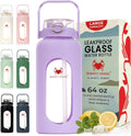 64 oz Glass Water Bottle – Lavender | Leakproof Half Gallon Glass Jug with Straw, Silicone Sleeve & Time Marker – Travel, Gym, Pregnancy, Daily Water Goals