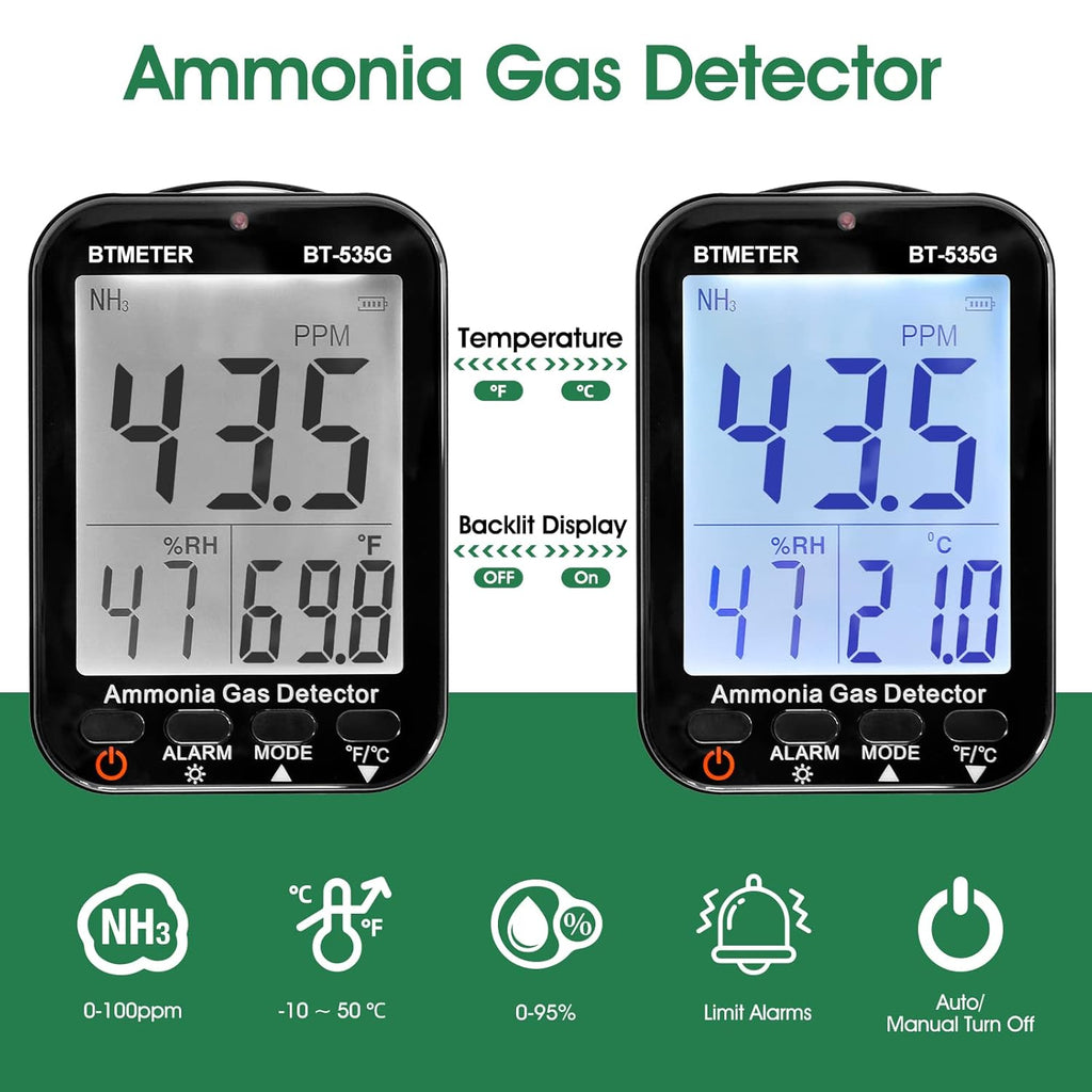 BTMETER Ammonia Gas Detector 535G, Air Quality Meter Monitor Indoor NH3 Gas 0~100 PPM, Relative Humidity and Temperature, Rechargeable Ammonia Gauge with Alarm, Backlit LCD Display