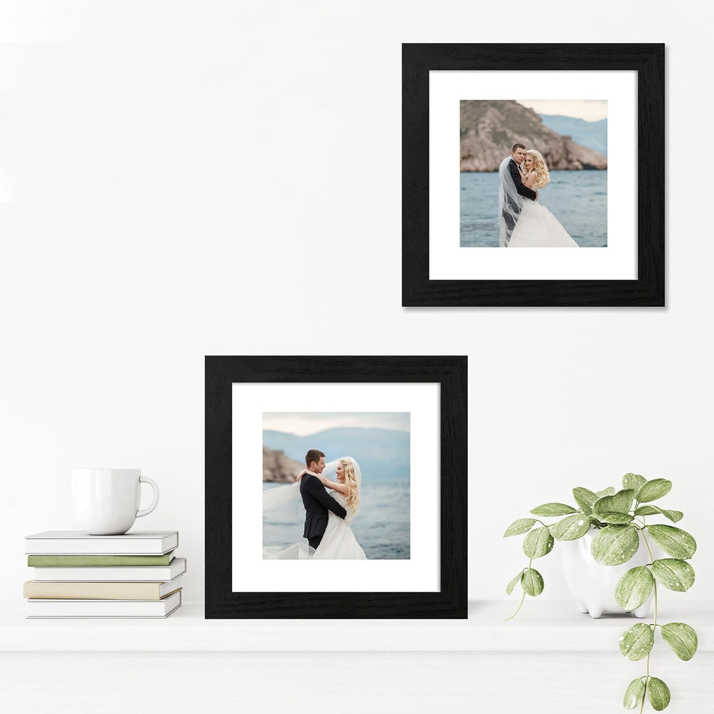 iRahmen 8x8 Picture Frames Set of 4 with High Definition Real Glass, Black Frames Display 6x6 Picture with Mat or 8x8 Without Mat, Wood Square 8 x 8 Photo Frame for Wall Mount and Tabletop Display