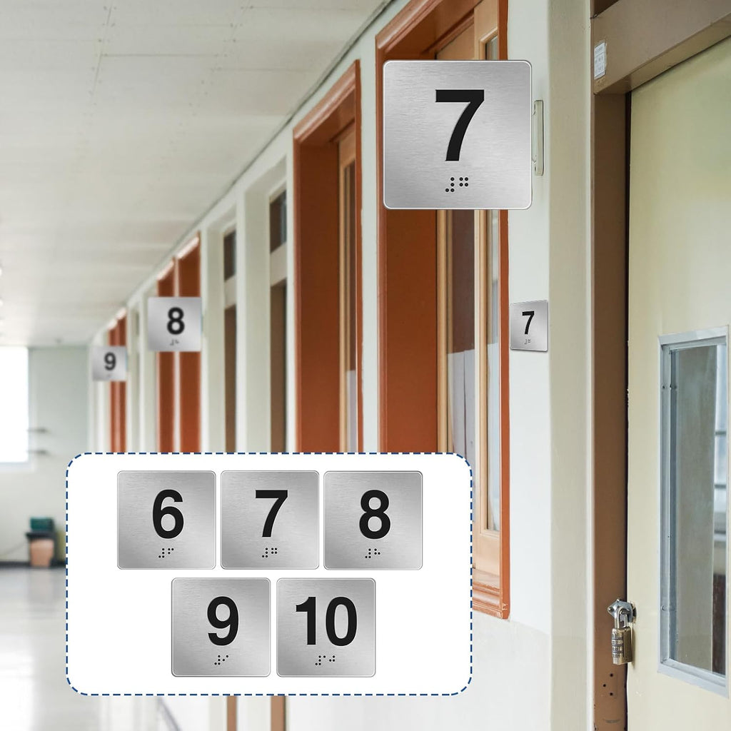 Exam Room Sign Numbers 6-10 with Braille and Tactile 4" x 4" Identification Signs Numbers for Exam Rooms Offices Educational Institution Directional Assistance Test Center, Silver/Black