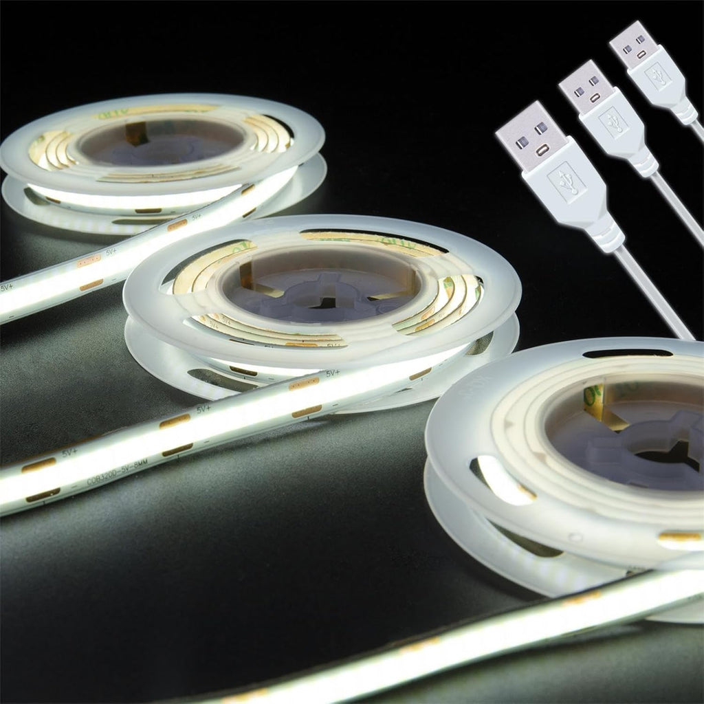 LED Strip Lights USB Short Light Strips, 6500K Bright White Not Dimmable 5V COB Small LED Strip for Indoor Bedroom Kitchen DIY Home Decor Display Cabinet 5V LED TV Lighting (3 Pack 3.28FT)