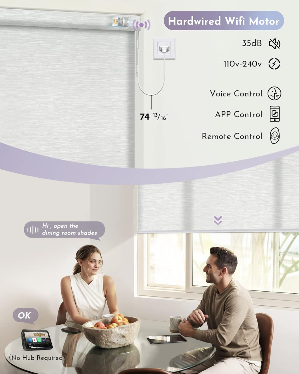Graywind Motorized Light Filtering Shades Compatible with Alexa Google Hardwired WiFi Smart Half Shading Remote Control Automated Blinds Electric Window Shades, Custom Size (Jacquard White)